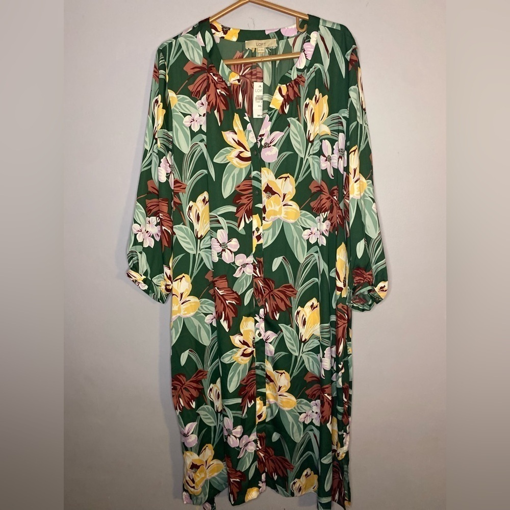 Loft Fit & Flare Dress Women Plus Size Multi Floral V Neck Button Drawstring XXL - Picture 6 of 15